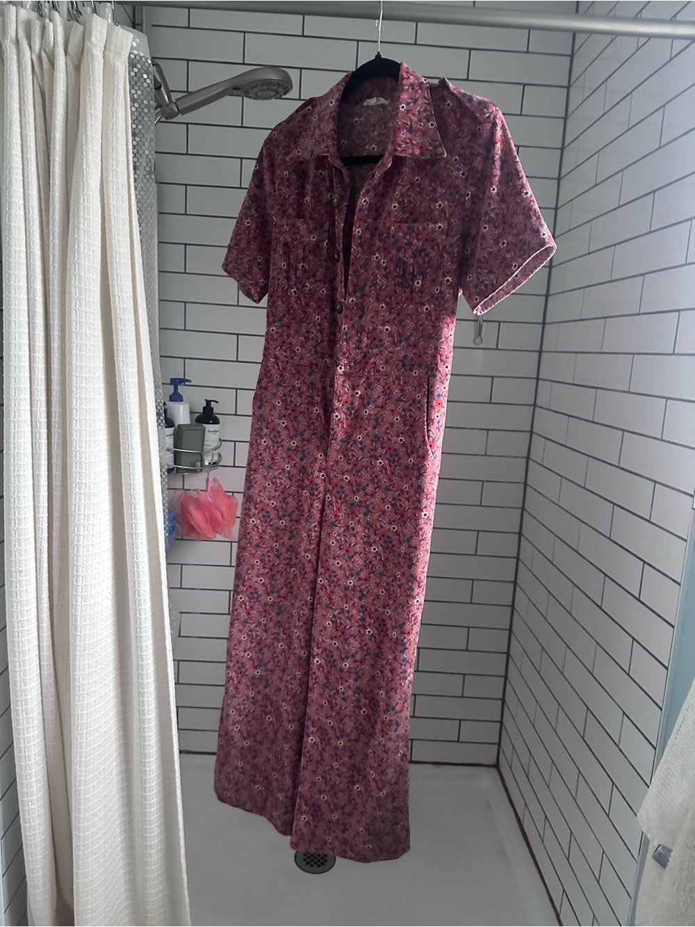 Women's Pink Floral corduroy Short-Sleeve jumpsuit